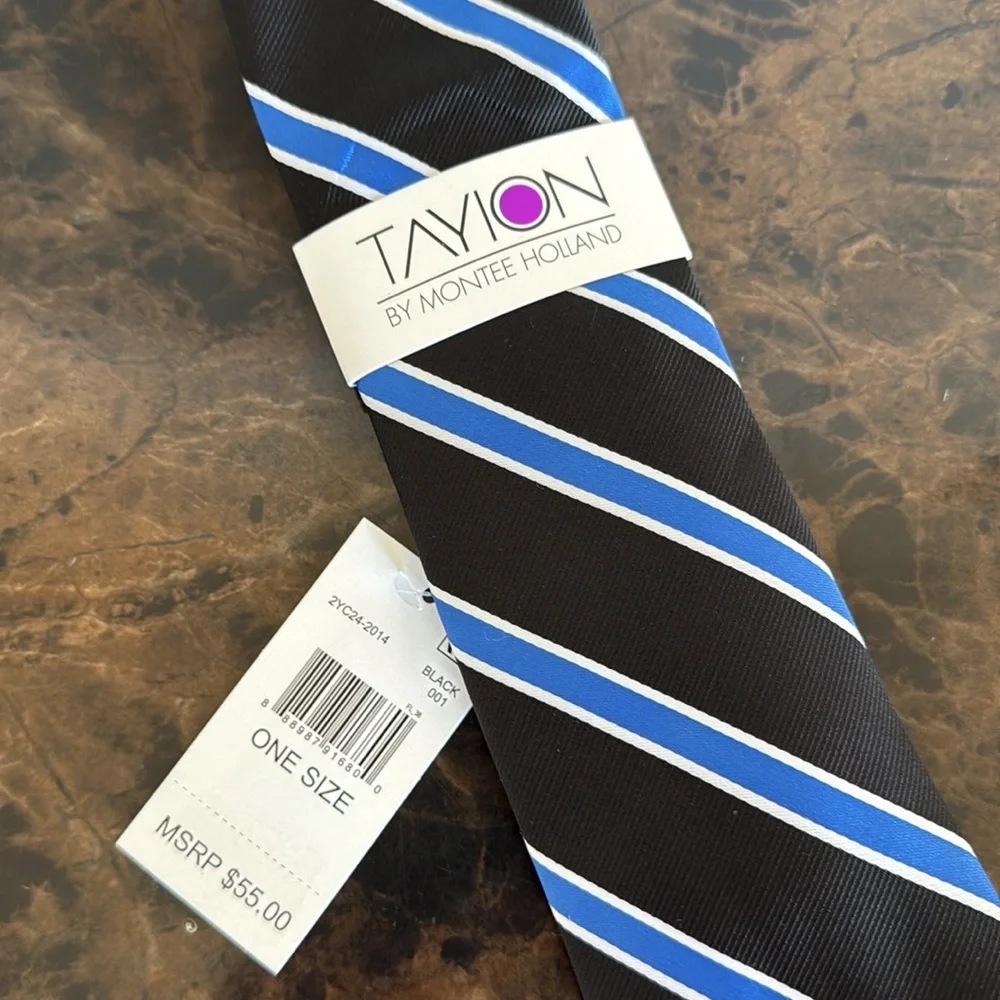 New! Tayion Black and Blue Striped Men's Tie
